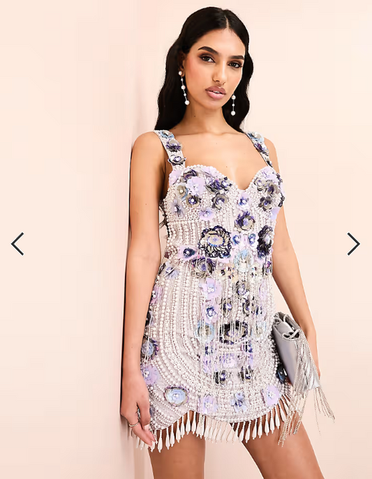 ASOS LUXE 3D floral embellished mini dress with scallop hem and drop pearl detail in blue