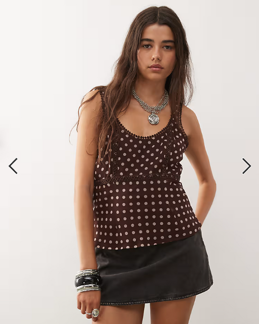 Reclaimed Vintage cami tea top with lace trims in chocolate brown and cream polka dot print
