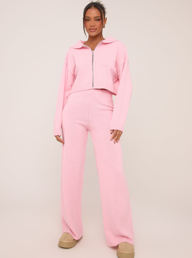 Zip Through Cropped Hoodie & Trousers In Pink Knit SET