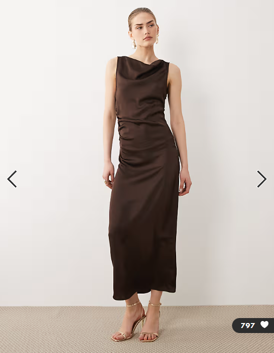 VILA cowl neck satin midi dress in chocolate brown