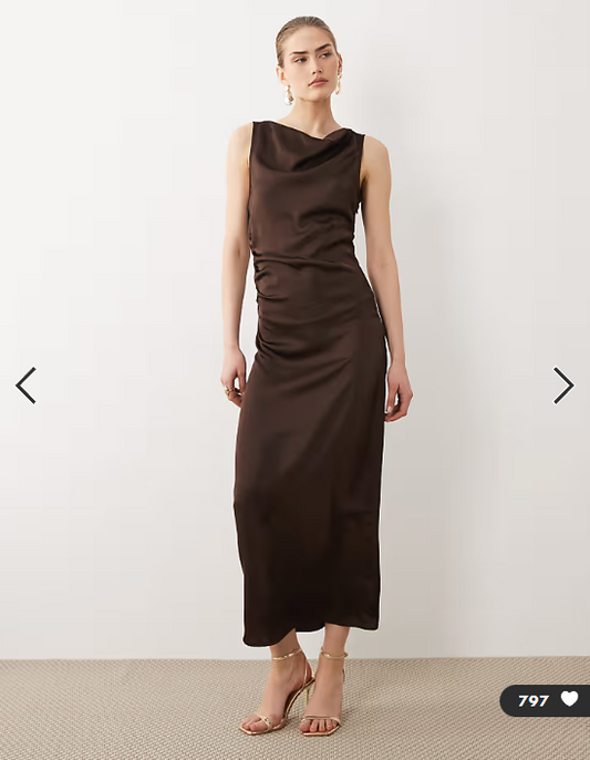 VILA cowl neck satin midi dress in chocolate brown