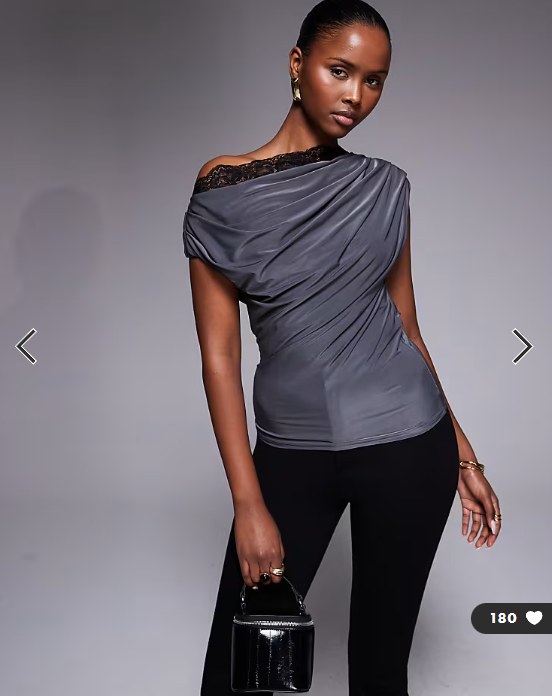 ASOS DESIGN slinky lace trim one shoulder top in charcoal