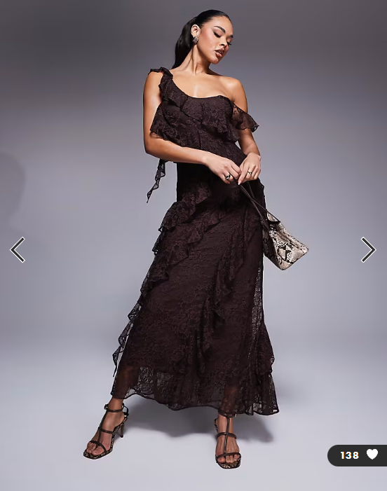 ASOS DESIGN one shoulder mixed lace ruffle midaxi dress in chocolate brown