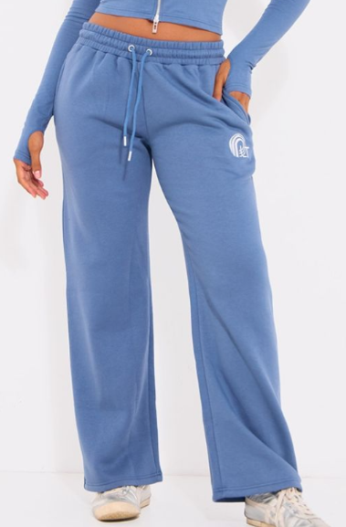 Blue Embroidered Graphic Wide Leg Joggers