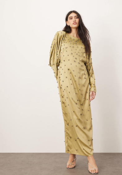 Arrange - embellished ball bearing strong shoulder open back maxi dress in green