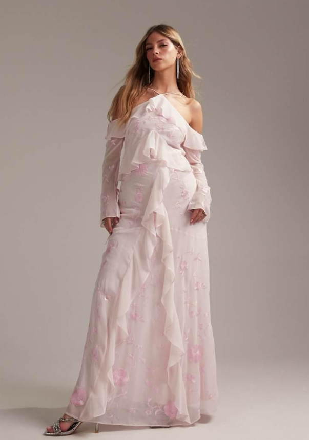 Ados - bridesmaids ruffle cold shoulder maxi dress in pink