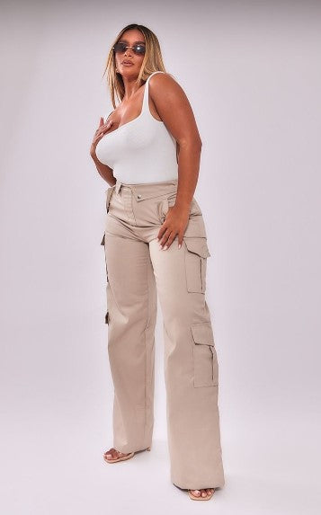 Shape Taupe Cargo Fold Waistband Pocket Detail Trousers