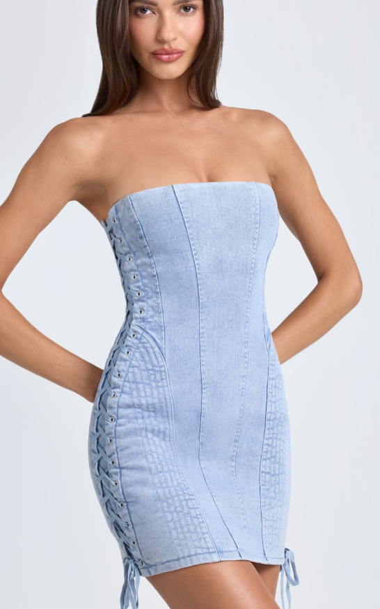 OhPolly- Bandeau Lace-Up Mini Dress in Light Blue Stonewash