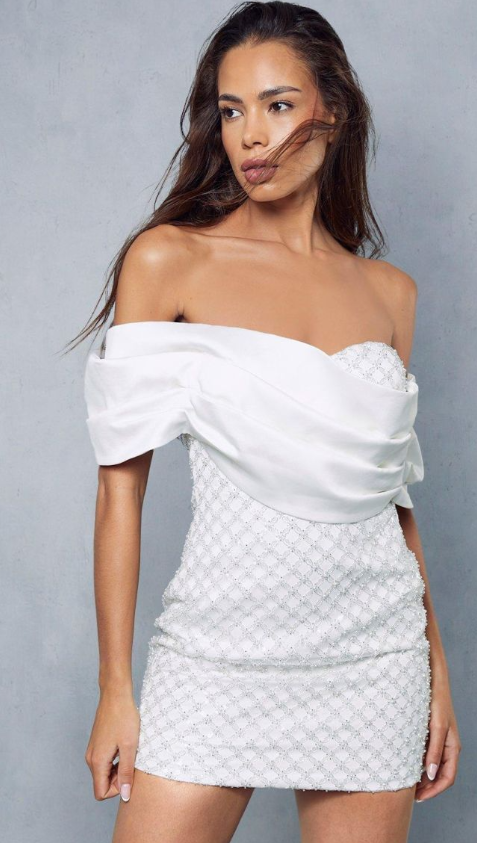 Premium Embellished Off The Shoulder Bardot Mini Dress