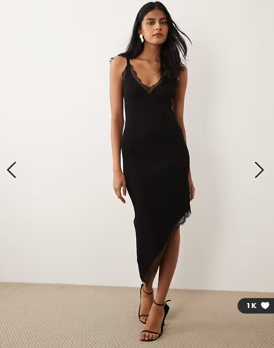 Mango asymmetric hem midi dress with lace trim in black