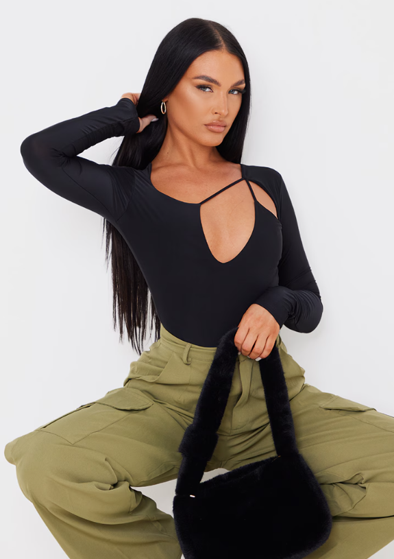 Black Slinky Strappy Cut Out Long Sleeve Bodysuit