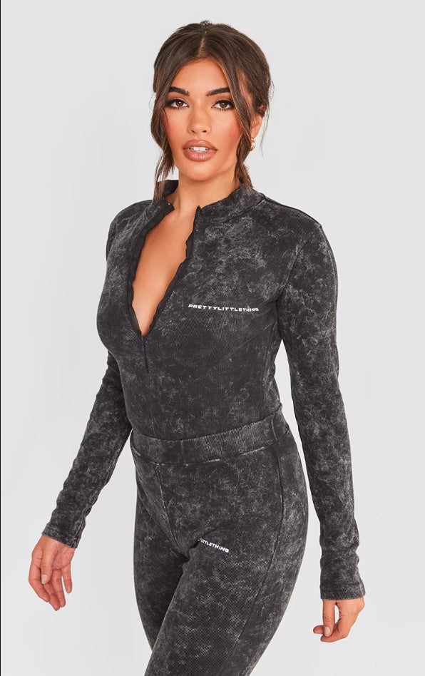 Charcoal Print Washed Rib Half Zip Bodysuit