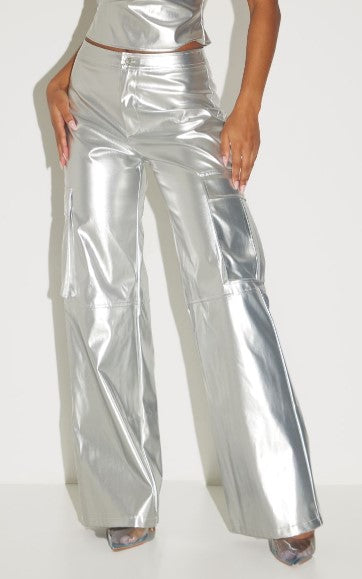 SILVER METALLIC FAUX LEATHER WIDE LEG CARGO TROUSERS