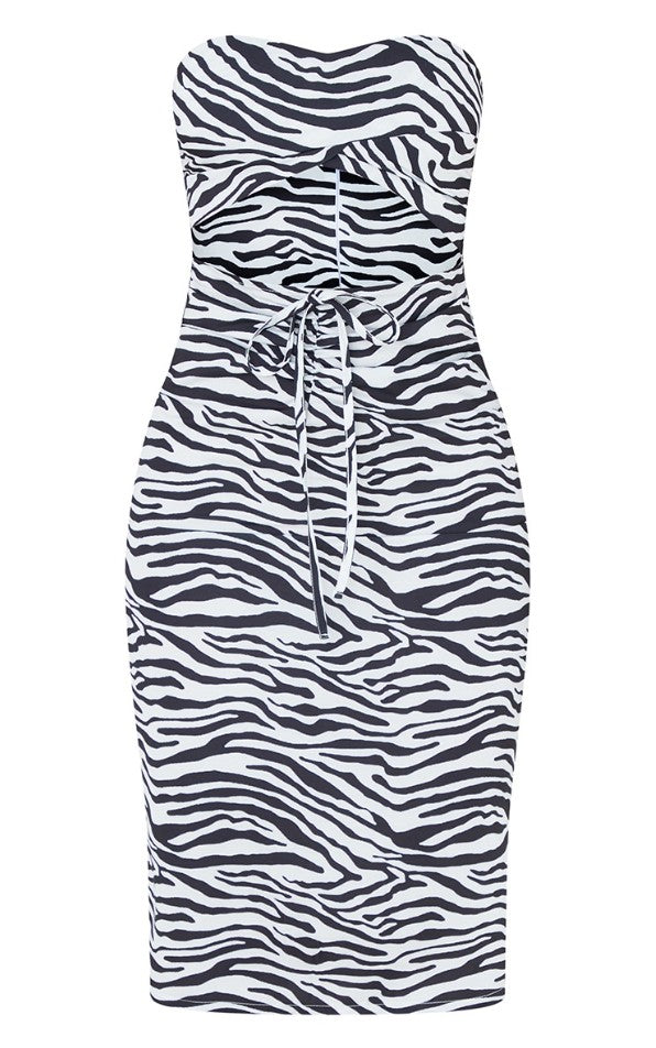 White Zebra Print Woven Bandeau Cut Out Midi Dress