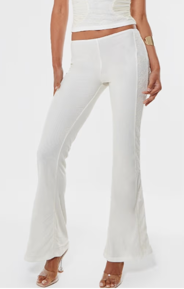 Plt - Cream Lace Mesh Panel Flare Leg Trousers