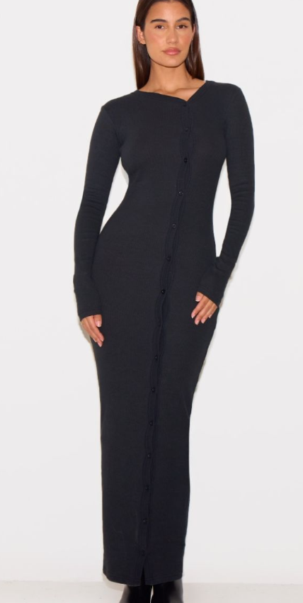 Black Button Detail Midaxi Dress