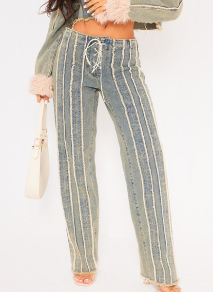 Petite Vintage Wash Fray Detail Lace Up Straight Leg Jeans