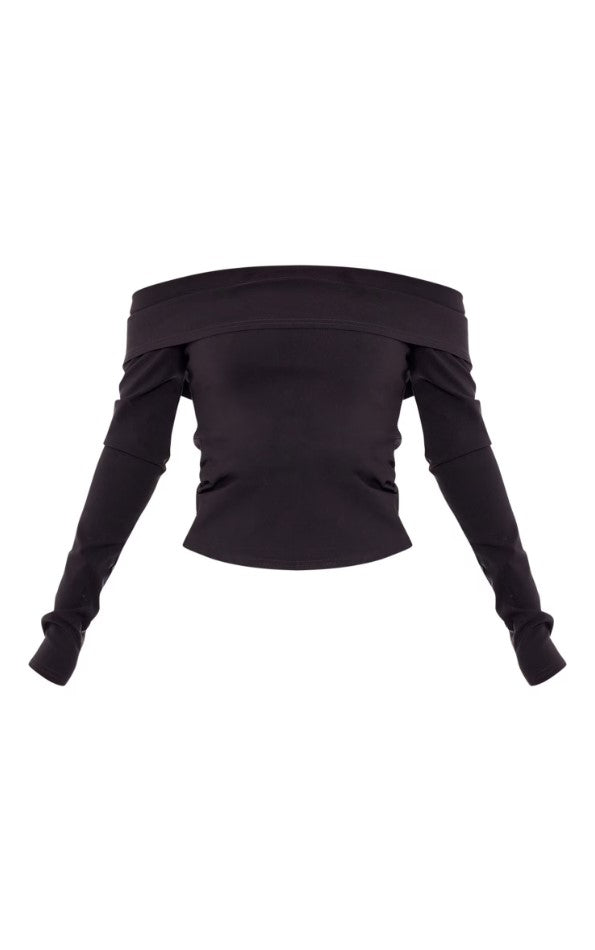 Black Stretch Woven Bardot Long Sleeve Top