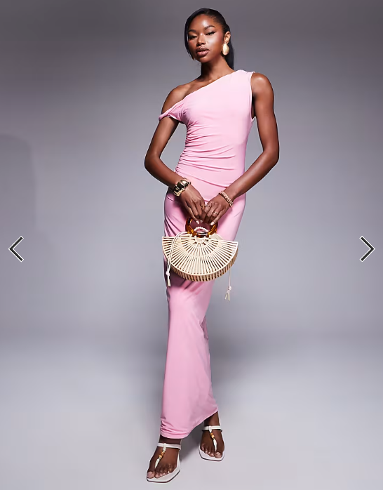 Kaiia exclusive double layered slinky bodycon off shoulder twist strap maxi dress in light pink