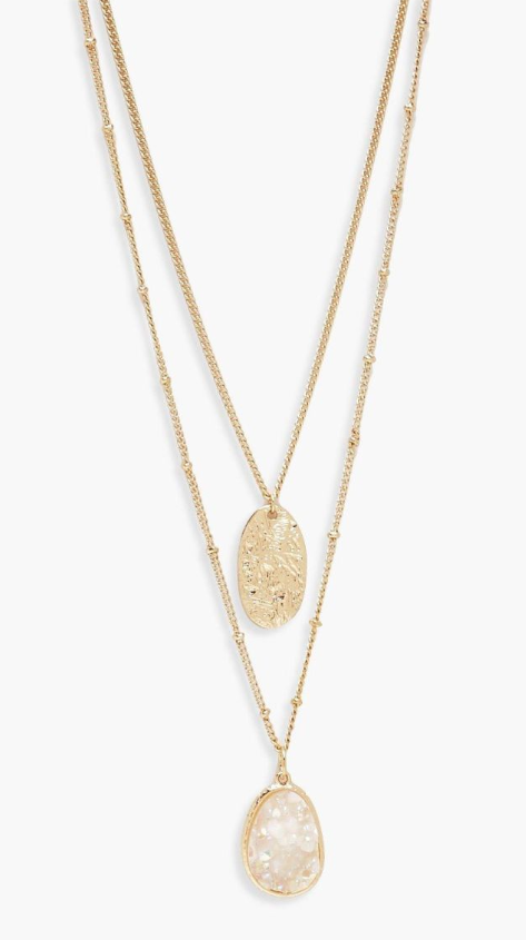 Textured Coin & Iridescent Layered Necklace - gold