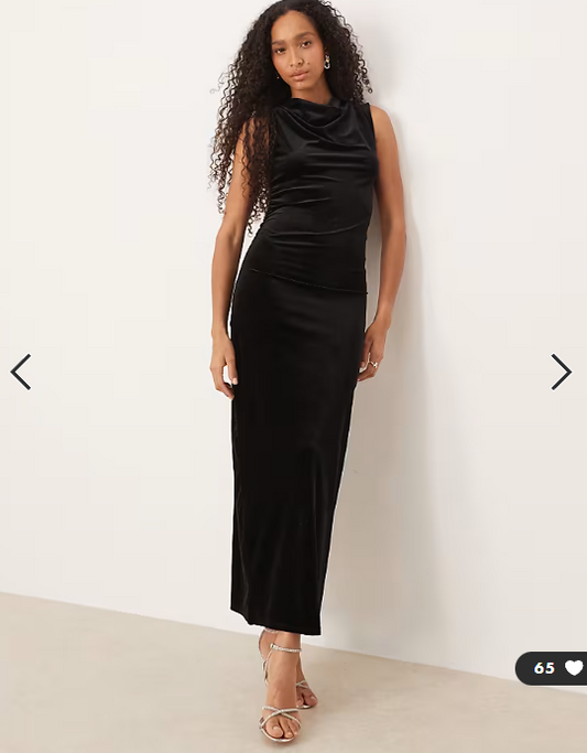 Vila high neck velvet ruched maxi dress in black