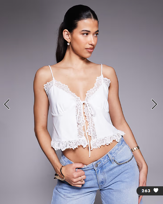 ASOS DESIGN slinky lace trim tie front top in white