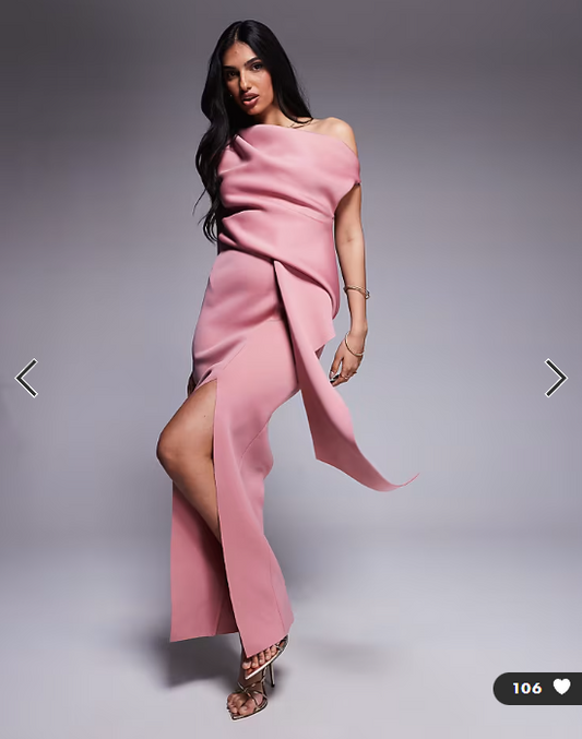 ASOS DESIGN fallen shoulder manipulated fold midi dress in dusty rose in scuba-style fabric
