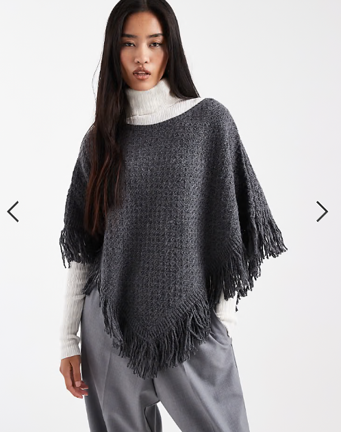 Hollister knitted fringe detail poncho in dark grey