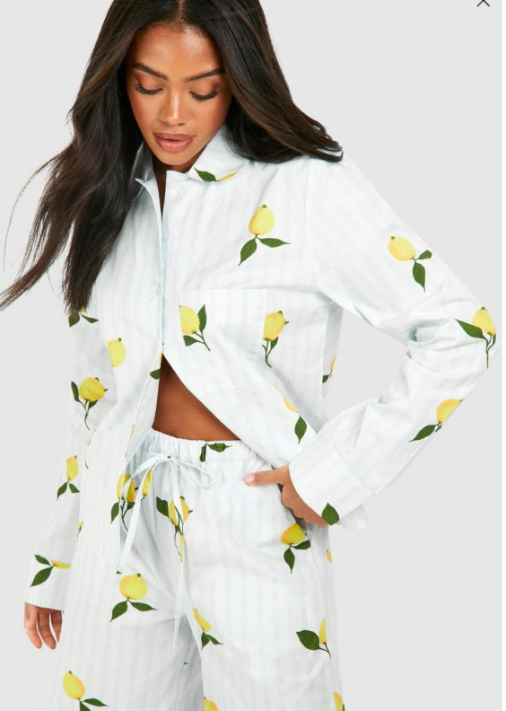 Boohoo Cotton Poplin Lemon Stripe Long Sleeve Pyjama Shirt