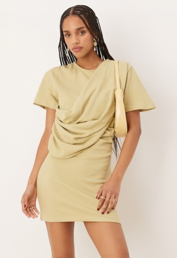 Asos - textured short sleeve draped front mini dress in light green