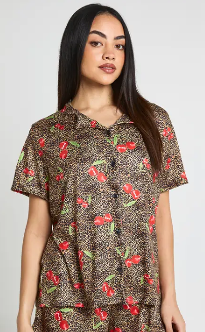 boohoo Cherries & Leopard Print Short Sleeve Shirt