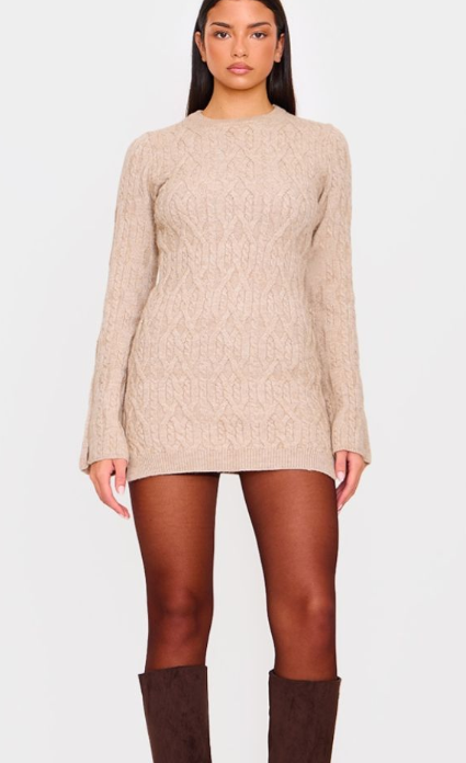 Plt - Taupe Chunky Cable Knit Mini Dress