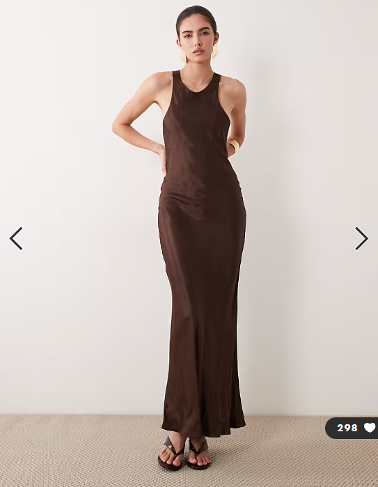 ASOS DESIGN satin racer neck maxi dress with split in chocolate brown