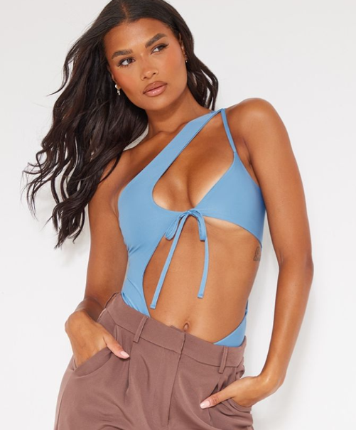 Steel Blue Slinky Asymmetric Tie Front Cut Out Bodysuit