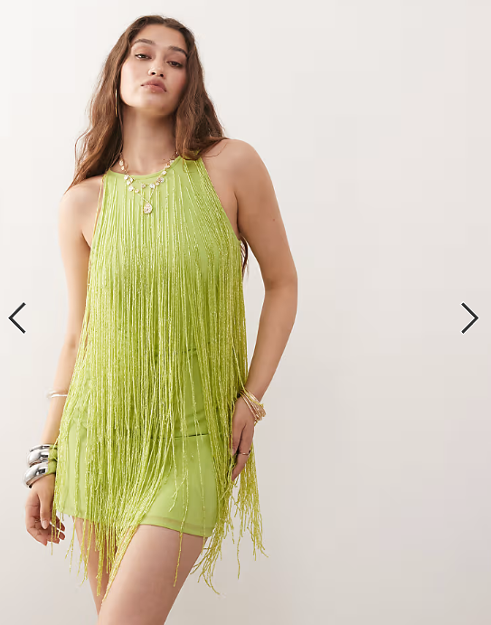 Miss Selfridge premium festival halter mini dress with embellished fringing in green
