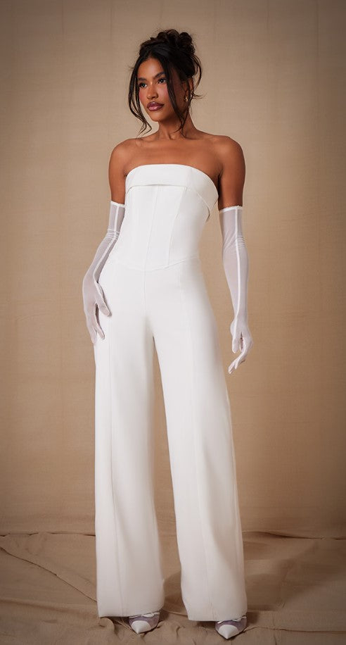 Premium White Woven Bandeau Wide Leg Jumpsuit