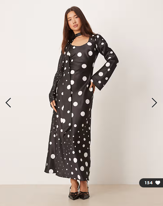 ASOS DESIGN v neck scarf detail long sleeve maxi dress in black spot print