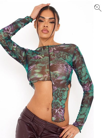 DARK GREEN ABSTRACT PRINT MESH CONTRAST SEAM CROP TOP