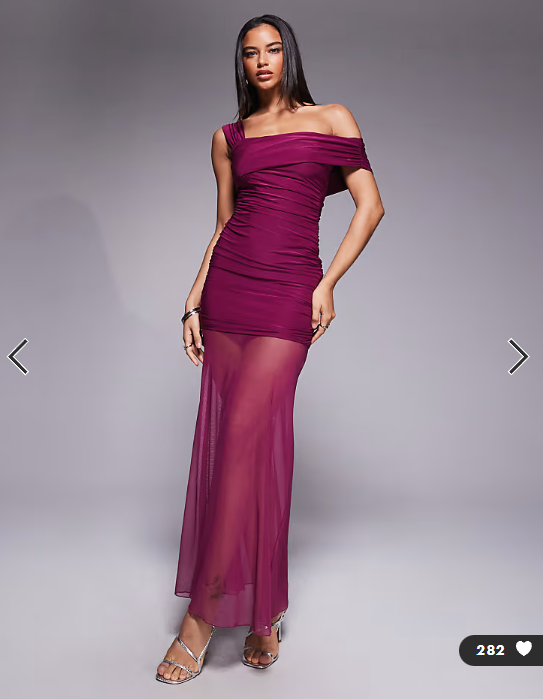 Kaiia exclusive double layered slinky asymmetric one shoulder sheer hem maxi dress in raspberry