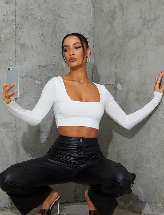 White Second Skin Square Neck Long Sleeve Crop Top