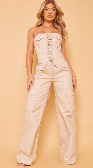 Stone Woven Cargo Style Lace Up Bandeau Jumpsuit