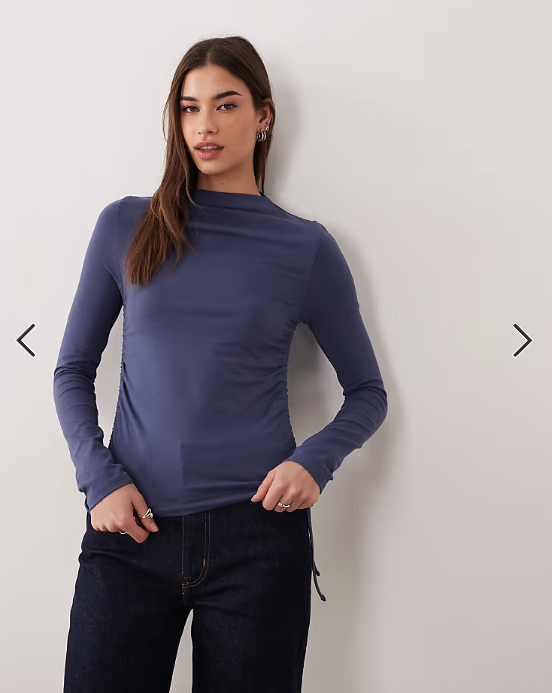 ASOS DESIGN ruched detail tie side high neck long sleeve top in dusky blue