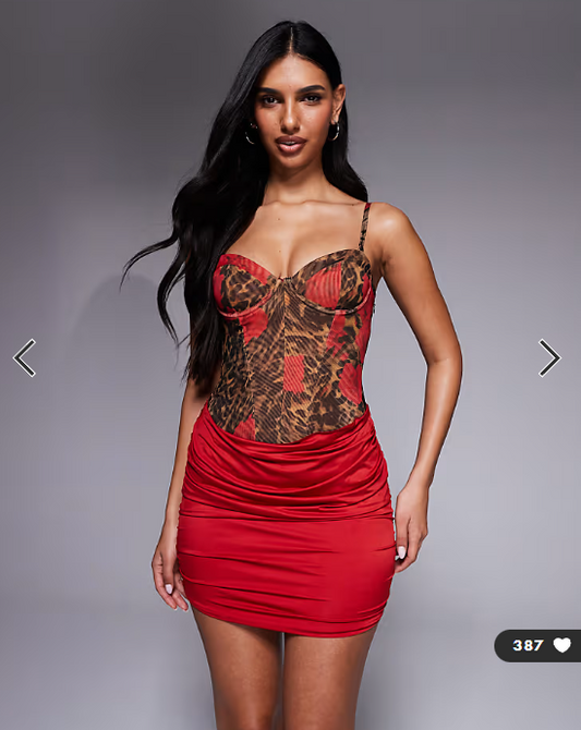 Oh Polly mesh corset draped mini dress in red leopard floral