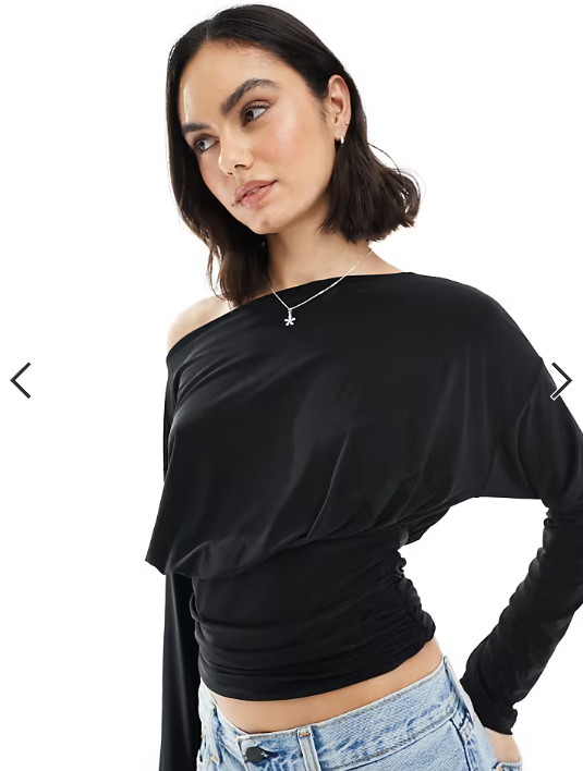 ASOS DESIGN slinky asymmetric one shoulder long sleeve top with cinch waist detail in black