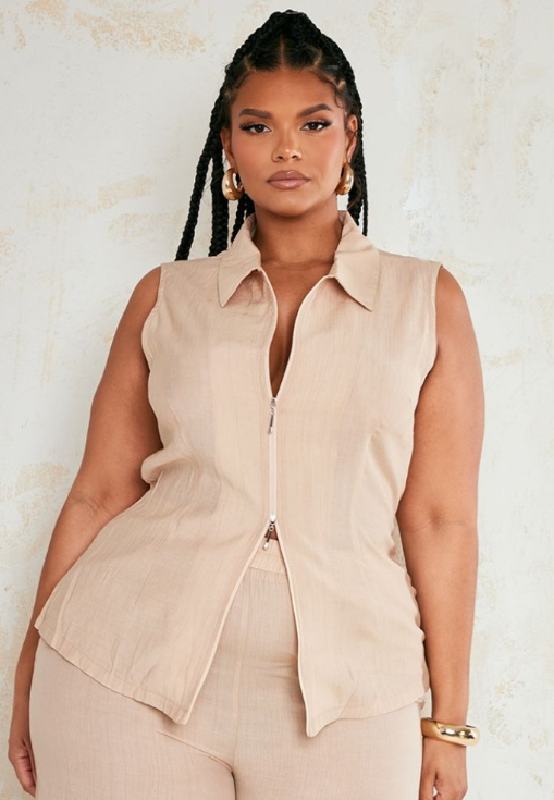 Prettylittlething Plus Stone Zip Up Lightweight Top