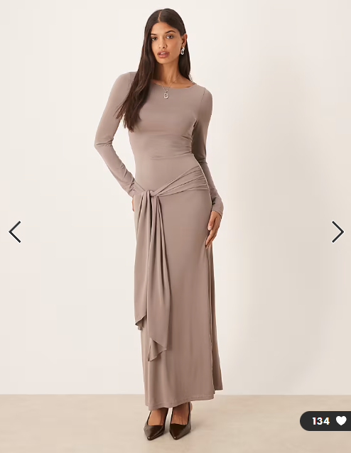 Motel Zeya long sleeve maxi dress with tie detail in grey