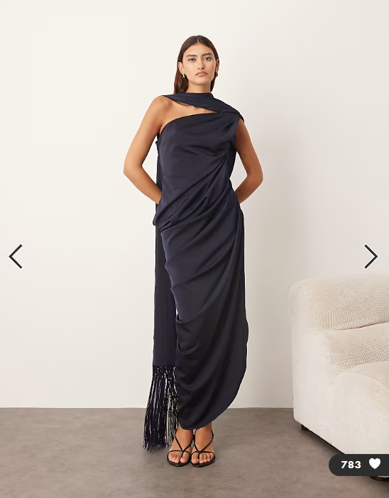 ARRANGE scarf neck draped maxi dress with low back and train in navy