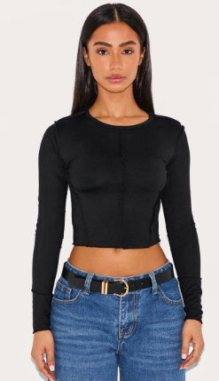 Petite Black Seam Detail Long Sleeve Top