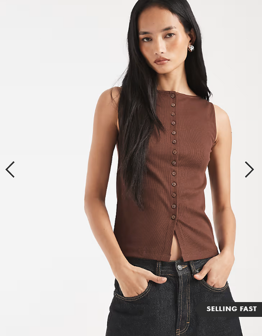 New Look boat neck button through tank top in brown
