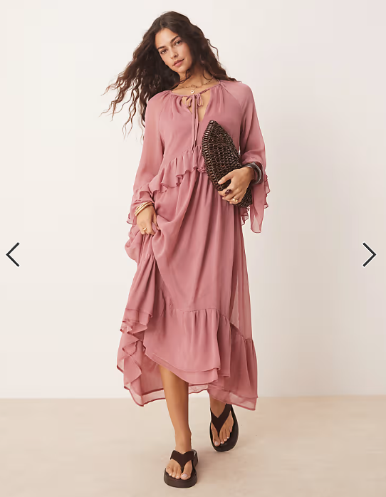 New Look ruffle hem chiffon long sleeve maxi dress in pink